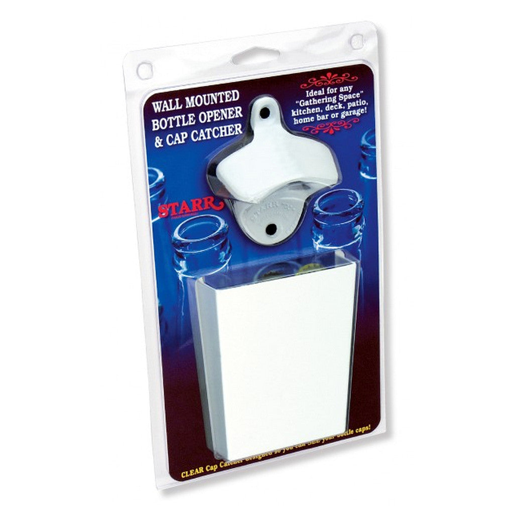 White Powder Coated Wall Mount Bottle Opener and Cap Catcher Set